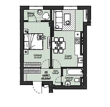 Продажа квартир: 1 комната, 44 м², Южная Магистраль Элитка, 7 этаж, ПСО (под самоотделку) — 2