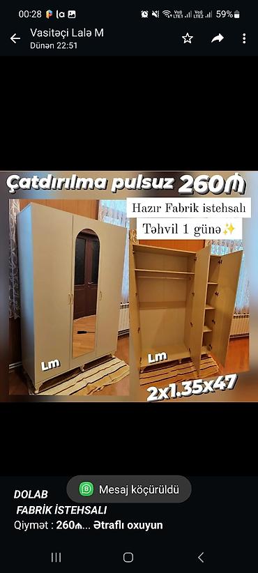 100: *_dolab_* _*fabri̇k i̇stehsali*_ qiymət : *260₼* ölçü — 1