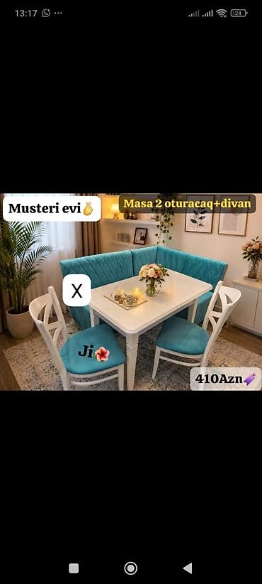 l masalar: Mətbəx/nahar dəsti — masa + 2 ədəd stul + divan künc - Rəng: ağ masa — 1