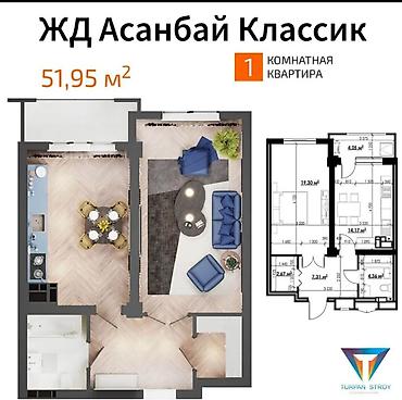 1 комната, 52 м², Асанбай мкр Элитка, 3 этаж, ПСО (под самоотделку)