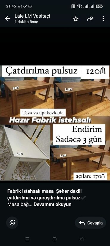 Kia: *Fabrik istehsalı masa* *Şəhər daxili çatdırılma və quraşdırılma