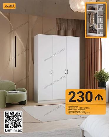 Mebel: 3 qapılı dolab – ağ rəngdə, minimalistik dizayn. Xüsusiyyətlər: - — 1