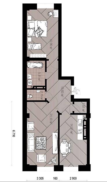жк discovery: 2 комнаты, 71 м², Асанбай мкр Элитка, 12 этаж, ПСО (под самоотделку) — 2