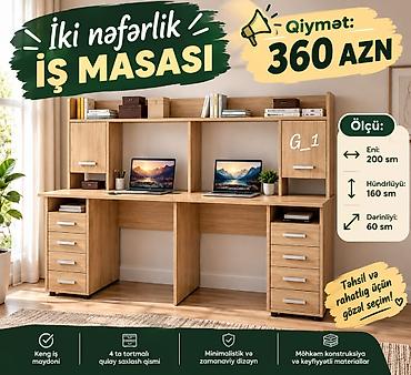 ofis dolablari: İki nəfərlik iş masası – G_1 modeli • Ölçülər: eni 200 sm, hündürlüyü — 1