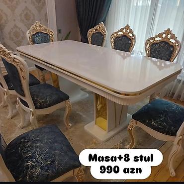 quxna stolu: 1.Klassik üslubda yemək dəsti – masa və 8 stul. - Masa: Parlaq ağ üst — 1