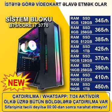 gaming kompüter: Sistem Bloku "RGB Case/B75 DDR3/Core i7 3770/8-16GB Ram/SSD" Ofis üçün
