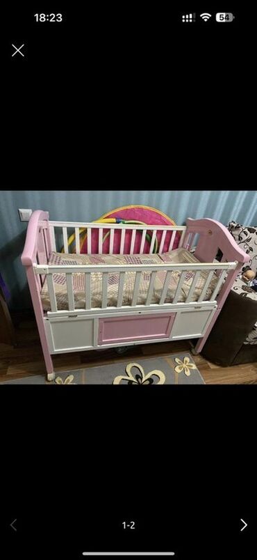 детскую кроватку с бортиками и балдахином: Люлька, Качалка, Дерево, цвет - Белый