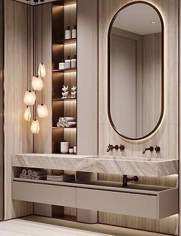 Hamam dolabları: Mərmər üslublu hamam mebeli və lavabolar - Dizayn: Müasir, minimal — 2