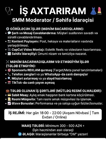eglence is ilanlari: Xidmət: SMM Moderator / Səhifə İdarəçisi (evdən/online, axşam — 1