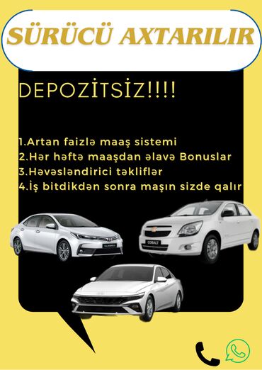 surucu teleb olunur oz masini ile: Taksi sürücüsü tələb olunur, Nəqliyyat vasitəsi verilir, Həftəlik ödəniş, 6 ildən artıq təcrübə