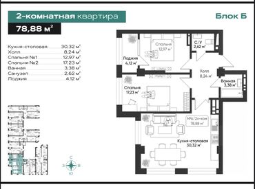 Продажа квартир: 2 комнаты, 78 м², Элитка, 6 этаж, ПСО (под самоотделку)