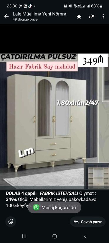 Sifarişlə divan dəstləri: *_dolab_* *4 qapılı* _*fabri̇k i̇stehsali*_ qiymət : *349₼* ölçü