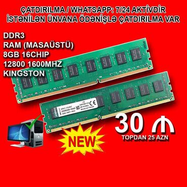 notebook ram qiymetleri: Operativ yaddaş (RAM) Kingston, 8 GB, 1600 Mhz, DDR3, PC üçün, Yeni