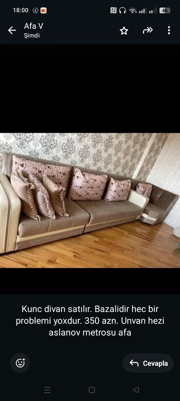 Restoran mebeli: Kunc divan satılır. Bazalidir hec bir problemi yoxdur. 350 azn. Unvan