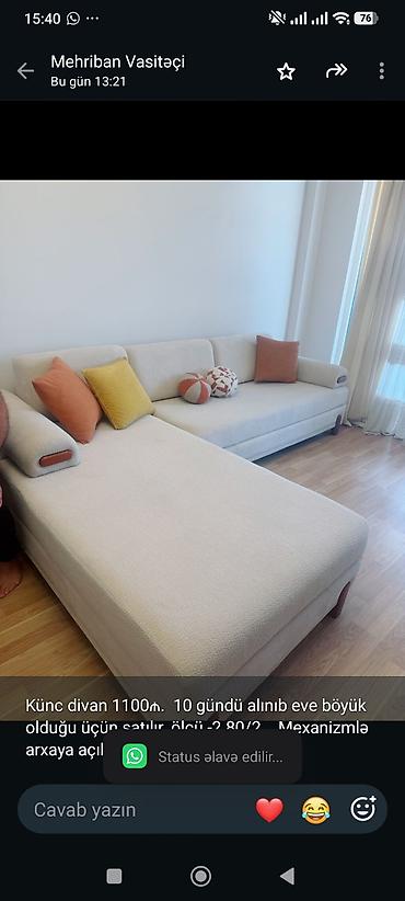 Künc divan 1100₼. 10 gündü alınıb eve böyük olduğu üçün satılır. ölçü