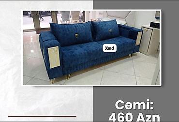 divan kreslo 2019: Mavi məxməri parçadan göz alıcı divan. Müasir dizayn – qızılı rəngli — 1