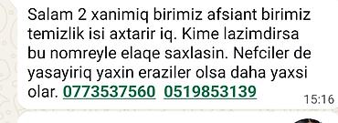 temizlik ev işleri: Xidmət: Afsiant və təmizlik işi Məzmun: - İki xanım olaraq xidmət — 1