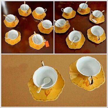набор посуды фарфор: Чайный набор - интересный и оригинальный, "Осенний лист"- 6 чашек