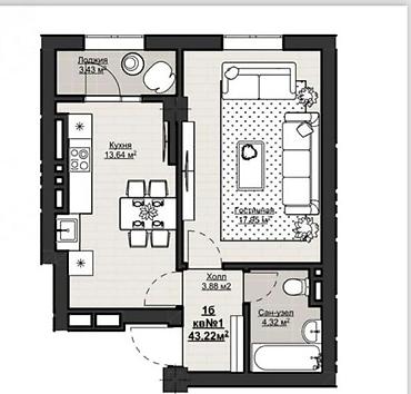 brk group: 1 комната, 43 м², Асанбай мкр Элитка, 2 этаж, ПСО (под самоотделку) — 2