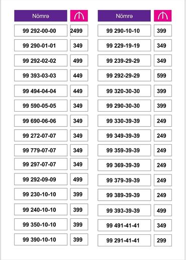 SİM-kartlar: Nömrə: ( 099 ) ( 2920000 ), Yeni