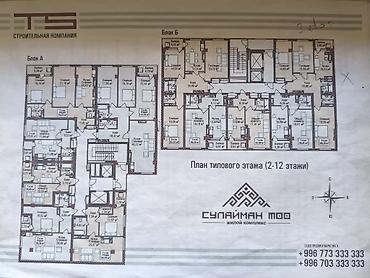 3 3: 3 комнаты, 84 м², Ошский рынок / базар Элитка, 3 этаж, ПСО (под самоотделку) — 3