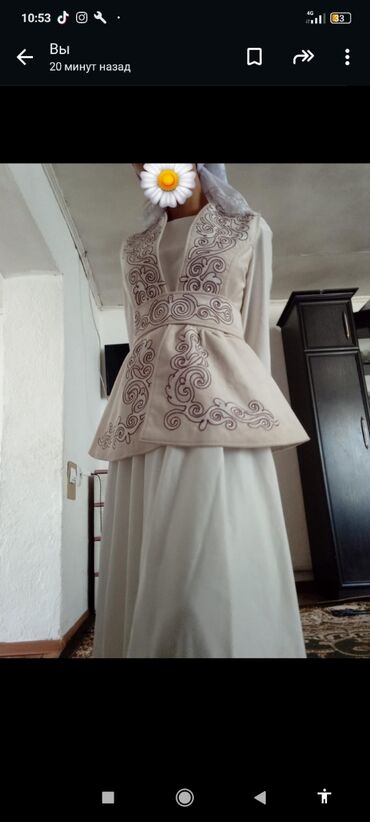 белый платье: Повседневное платье, Осень-весна, Длинная модель, XL (EU 42)