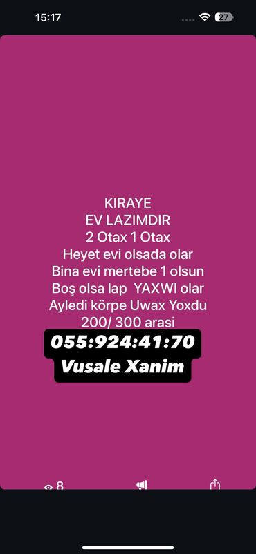 gencede ayliq kiraye evler: 200 kv. m, 3 otaqlı
