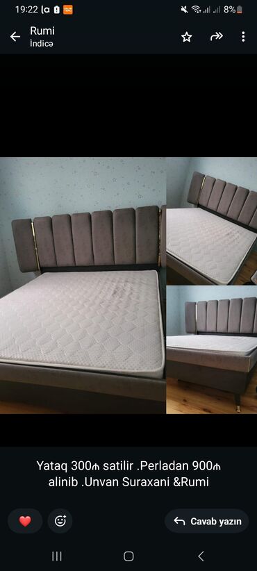 Mebel: Yataq 300₼ satilir .Perladan 900₼ alinib .Unvan Suraxani &Rumi