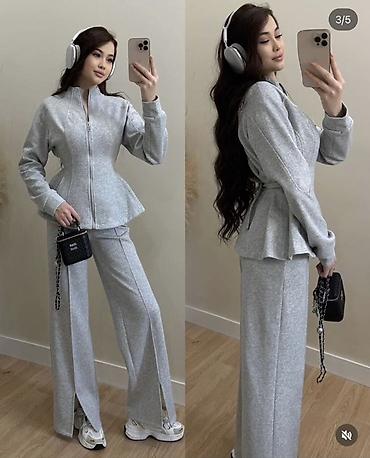 костюм шым: Женский костюм из меланжевого серого футера: куртка на молнии + — 2