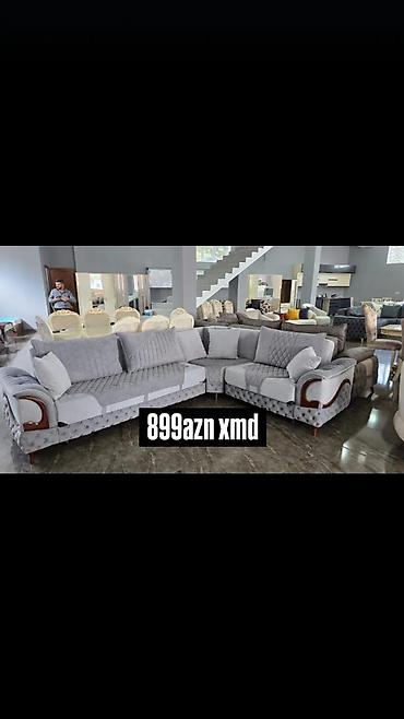 Divan və kreslo dəstləri: Künc divan dəsti – boz rəng palitrası, yumşaq məxməri/parça üzlük — 1