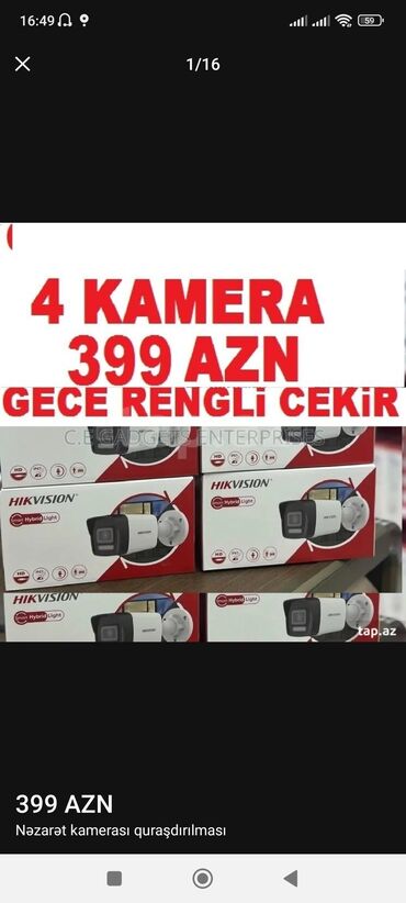 kameraların satışı: Geceni rengli cekir tam isiqli Kameralar ses yazir 🎥 Hikvision 4 eded