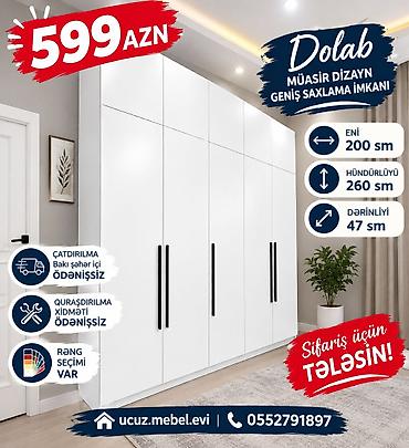 200: Müasir dizaynlı paltar dolabı – geniş saxlama imkanı ilə. Ölçülər: - — 1