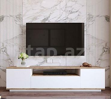 ofis masa: TV stend – modern minimal dizayn .- Rənglər: ağ/taxta teksturası və — 1