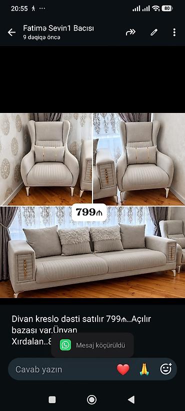 Divan kreslo dəsti satılır 799₼. Açılır bazası var.Ünvan lalafo.az -da Divan kreslo dəsti satılır 799₼. Açılır bazası var.Ünvan