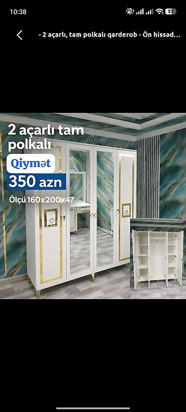 2 açarlı, tam polkalı qarderob Ölçü: 160 x 200 x 47 sm Qiymət: 350
