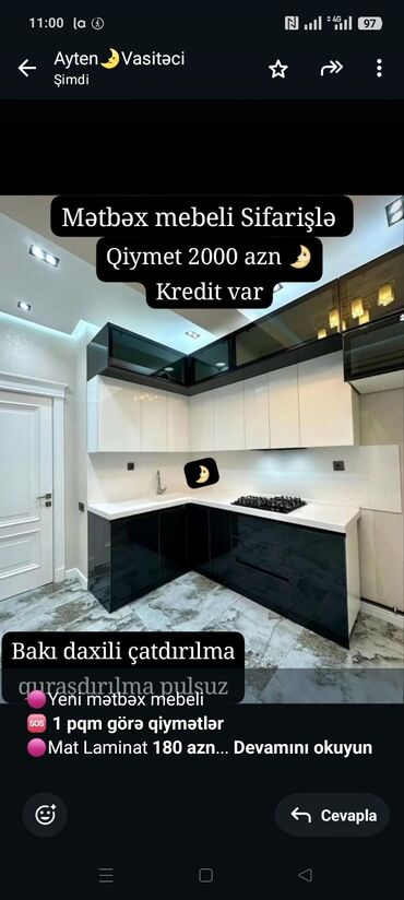 Quruducular: 🟣Yeni mətbəx mebeli 🆘 *1 pqm görə qiymətlər* 🟣Mat Laminat *180 azn*