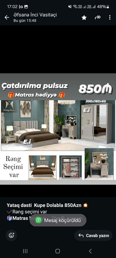 mətbəxt şkafı: *Yataq dəsti Kupe Dolabla 850Azn 💥* ✔️Rəng seçimi var *🎁Matras