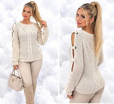 boho ogrlice: Ženski pleteni džemper, krem/bež boje. - Dizajn: klasičan okrugli — 4