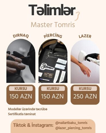 Repetitorlar: Manikür, pedikür kursu, Lazer epilyasiyası kursu, Əyani, Fərdi, Diplom, sertifikat, Modellərlə təmin edilmə