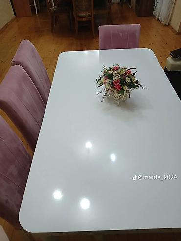 pastel dest: Yemək otağı üçün stol və 6 ədəd stul dəsti. - Stol: parlaq ağ rəngdə — 2
