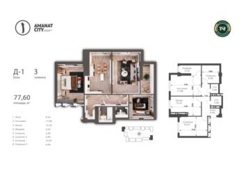 кавартира бишкек: 3 комнаты, 77 м², Элитка, 2 этаж, ПСО (под самоотделку)