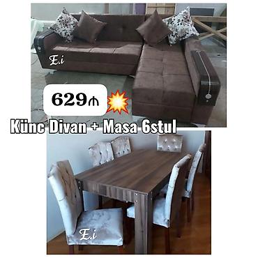 kuxna künc divan: Künc divan + masa və 6 stul dəsti • Künc divan: L formalı, qəhvəyi — 1