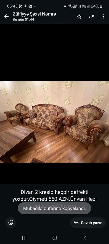 Divan və kreslo dəstləri: İşlənmiş, Divan, 2 kreslo