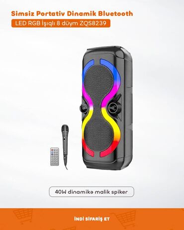 Səs avadanlığı: Simsiz Portativ Dinamik Bluetooth LED RGB İşıqlı 8 düym ZQS8239 🔸 40W