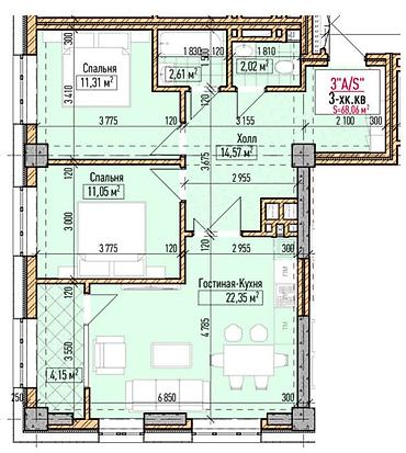 2 комнаты, 68 м², Асанбай мкр Элитка, 12 этаж