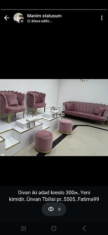 Divan iki ədəd kreslo 300₼. Yeni kimidir. Ünvan Tbilisi