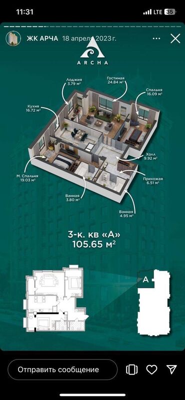 Продажа квартир: 3 комнаты, 105 м², Элитка, 4 этаж, ПСО (под самоотделку)