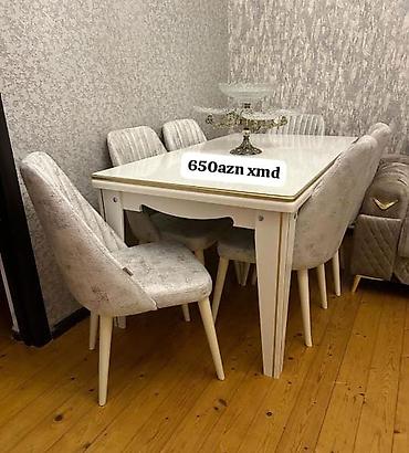 stul ev: Ağ yemək dəsti – masa və 6 ədəd stul Qiymət: 650 AZN (şəkildə — 1