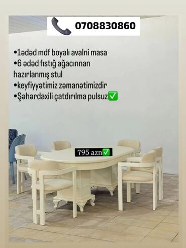 Masa və oturacaq dəstləri: Qonaq otağı üçün, Açılmayan, Oval masa, 6 stul