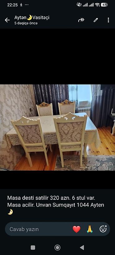 Masa desti satilir 320 azn. 6 stul var. Masa acilir. Unvan Sumqayıt